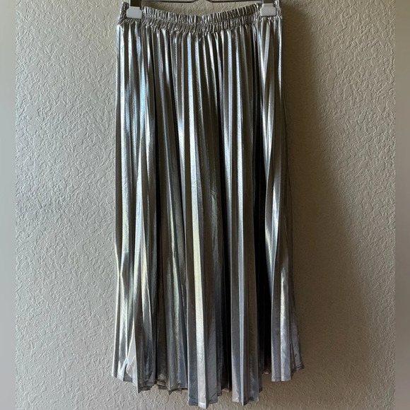 silver metallic party midi accordion pleated midi cocktail skirt concert disco - Picture 4 of 9